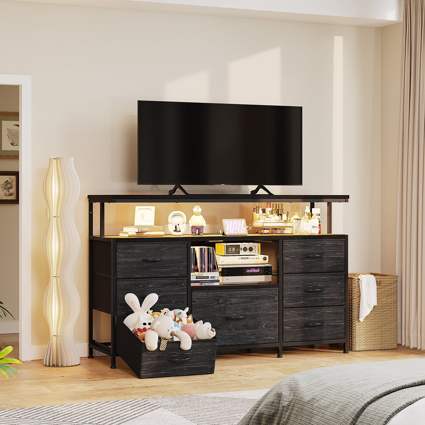 Aowos Dresser TV Stand with 4 Drawers Dressers for Bedroom, Black Dresser Chests of Drawers Long Dressers TV Console for Living Room