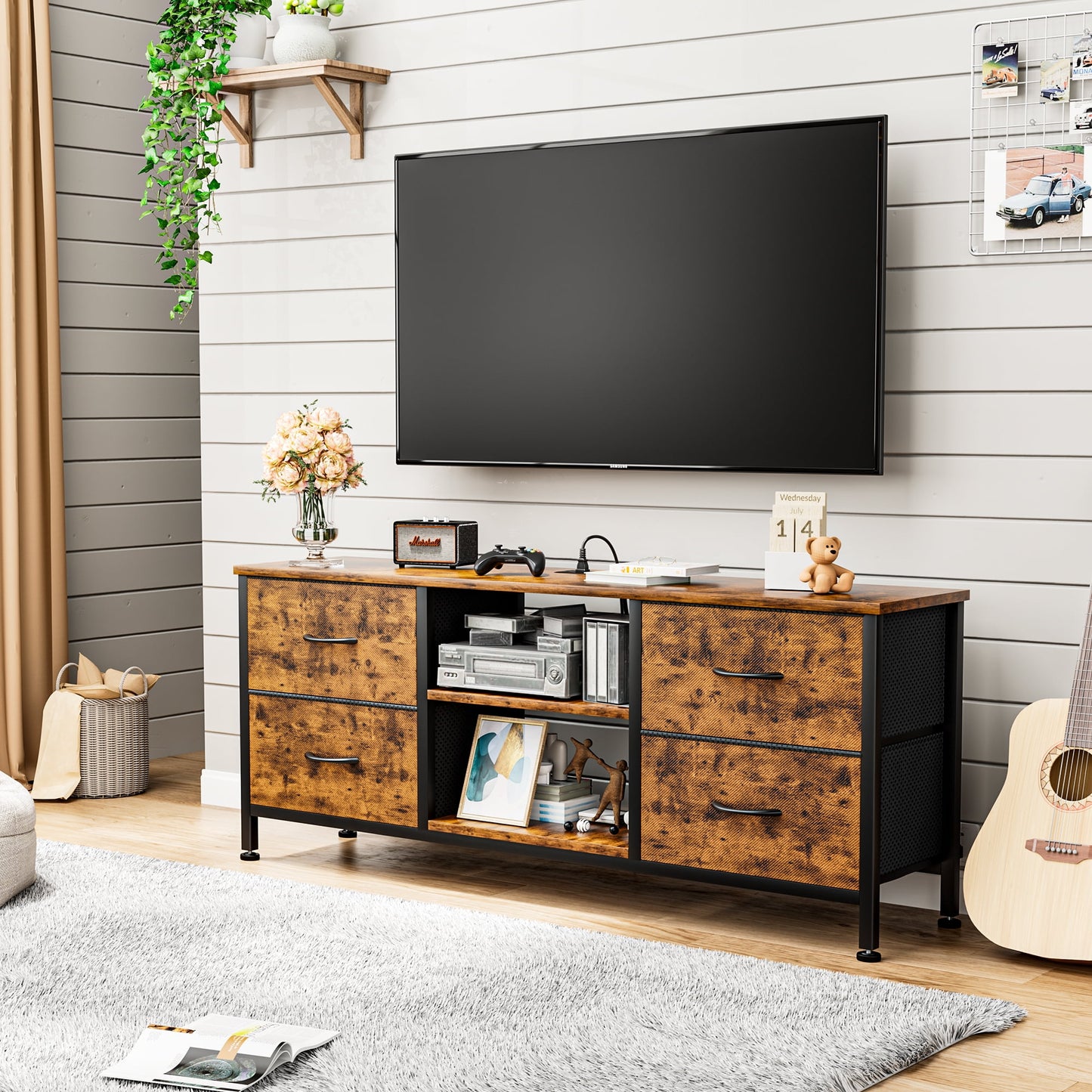 Aowos Dresser TV Stand with 4 Drawers Dressers for Bedroom, Long Dresser Chests of Drawers TV Console with Storage Unit for Living Room,Brown