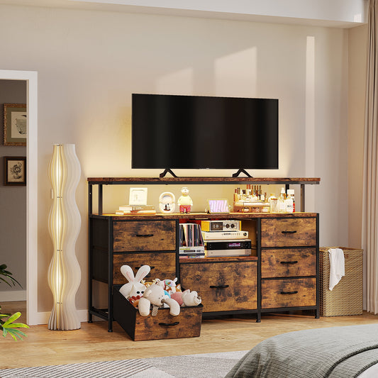 Aowos Dresser TV Stand with 4 Drawers Dressers for Bedroom,Brown Dresser Chests of Drawers Long Dressers TV Console for Living Room