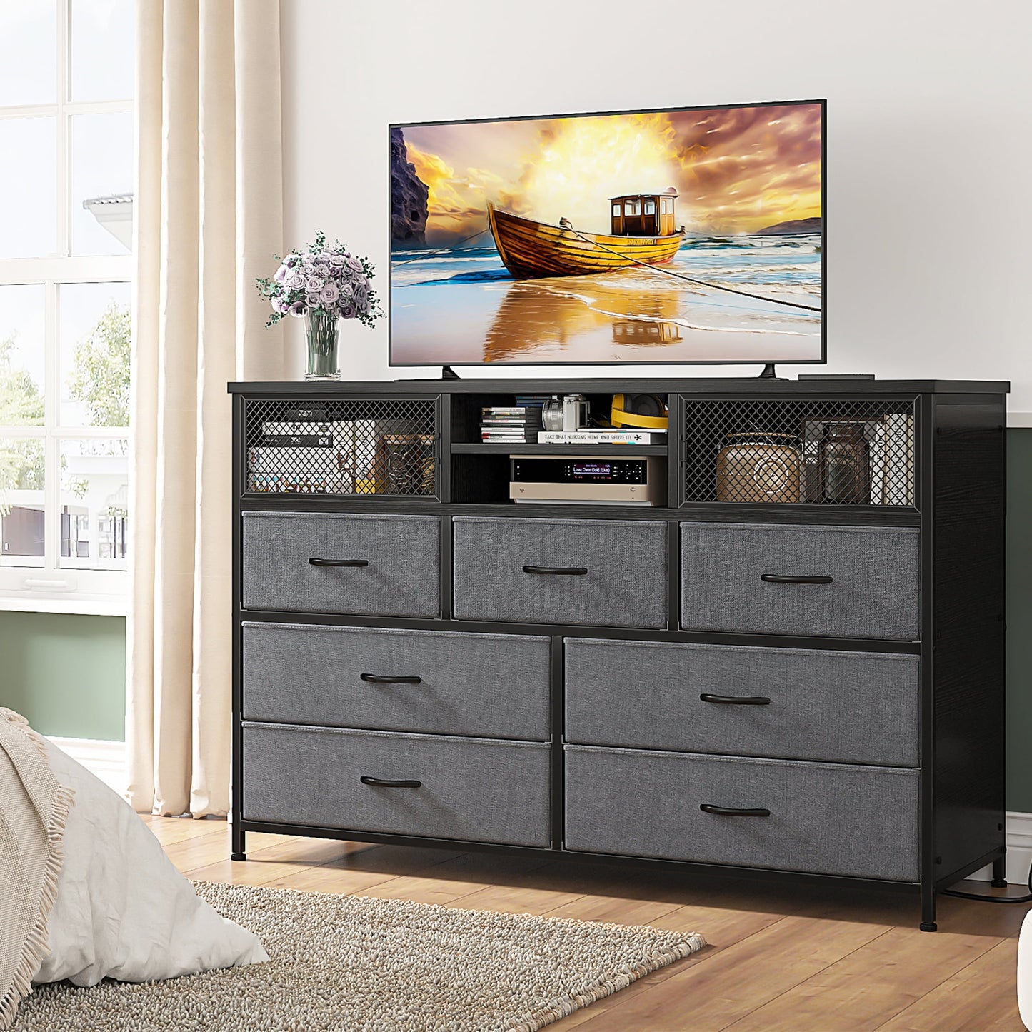 Aowos Dresser TV Stand with 4 Drawers Dressers for Bedroom, Chests of Drawers Black Dresser Leather Finish TV Console for Living Room