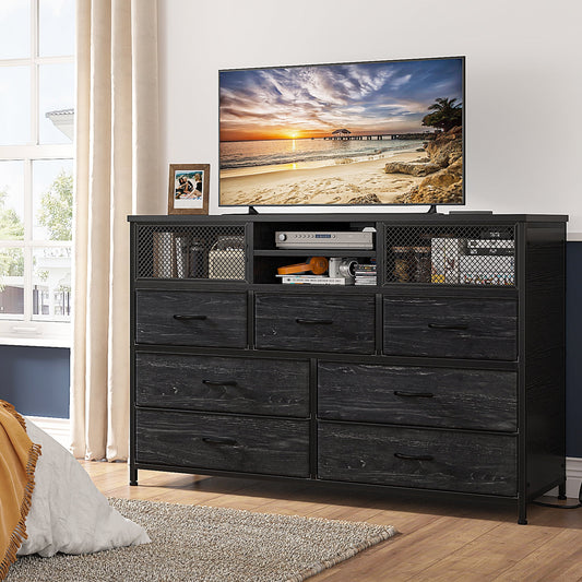 Aowos Dresser TV Stand with 4 Drawers Dressers for Bedroom, Chests of Drawers Black Dresser TV Console for Living Room