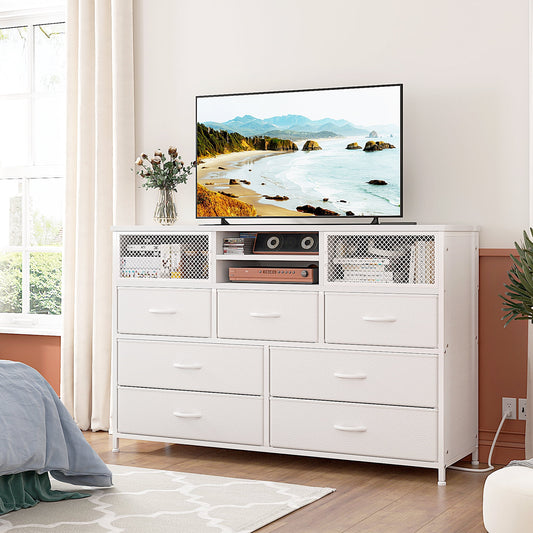 Aowos Dresser TV Stand with 4 Drawers Dressers for Bedroom, Chests of Drawers White Dresser Leather Finish TV Console for Living Room