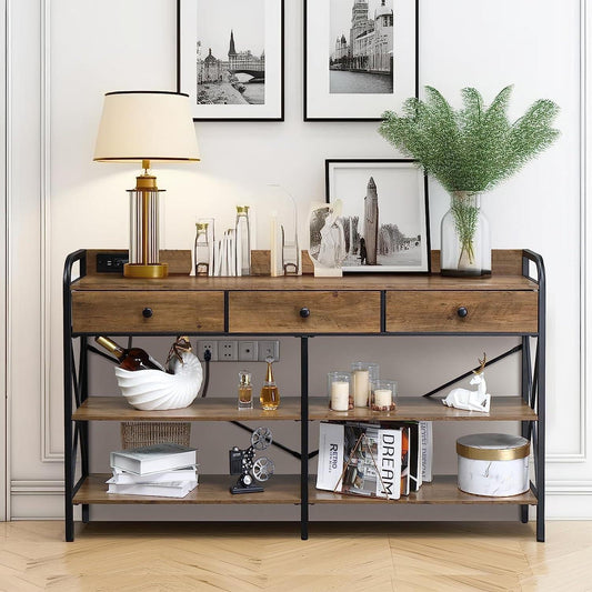 GIKPAL Console Table with Power Outlet,43.3" L Narrow Sofa Table with Drawers, Entryway Table with USB Ports, Behind Couch Table for Entryway, Hallway, Foyer, Living Room, Bedroom, Rustic Brown