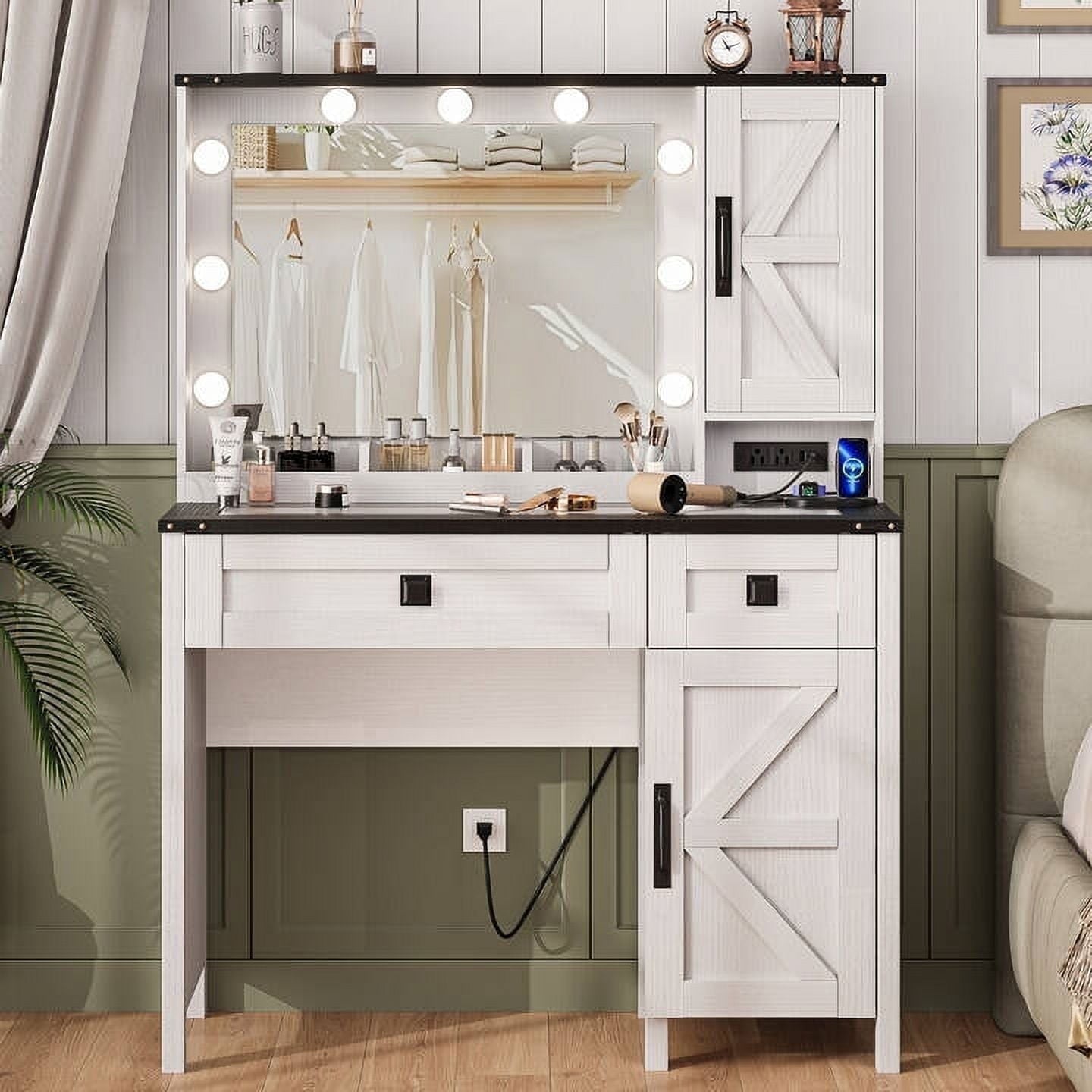 Aowos Farmhouse Makeup Vanity, Vanity Desk with Mirror & LED Lights, Glass Top Vanity with Charging Station & Drawers, Rustic White