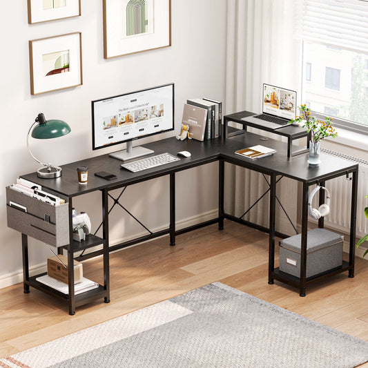 Aowos L Shaped Desk, Reversible Corner Computer Desk with Monitor Stand ,59 Inch Office Desk with 3 Shelves and Storage Shelf, Home Office Desk, Black