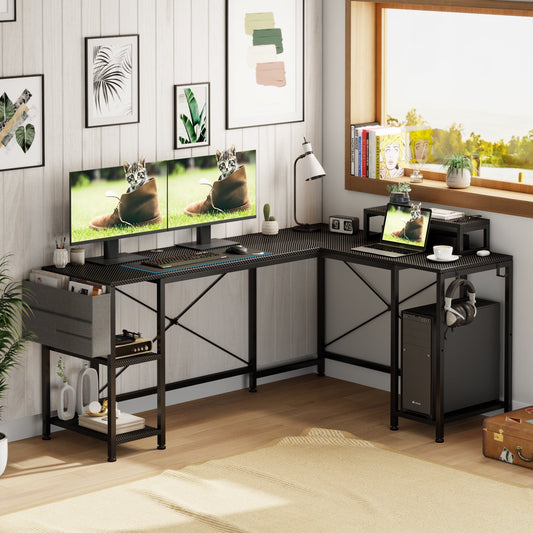 Aowos L Shaped Desk, Reversible Corner Computer Desk with Monitor Stand ,59 Inch Office Desk with 3 Shelves and Storage Shelf, Home Office Desk, Carbon Black
