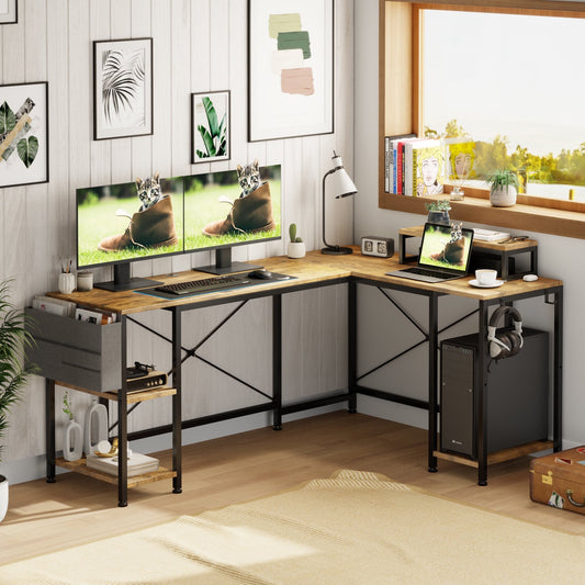 Aowos L Shaped Desk, Reversible Corner Computer Desk with Monitor Stand ,59 Inch Office Desk with 3 Shelves and Storage Shelf, Home Office Desk, Rustic Brown