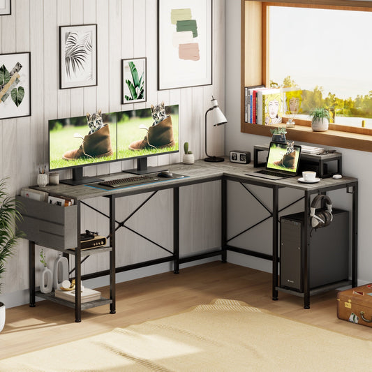 Aowos L Shaped Desk, Reversible Corner Computer Desk with Monitor Stand ,59 Inch Office Desk with 3 Shelves and Storage Shelf, Home Office Desk, Grey