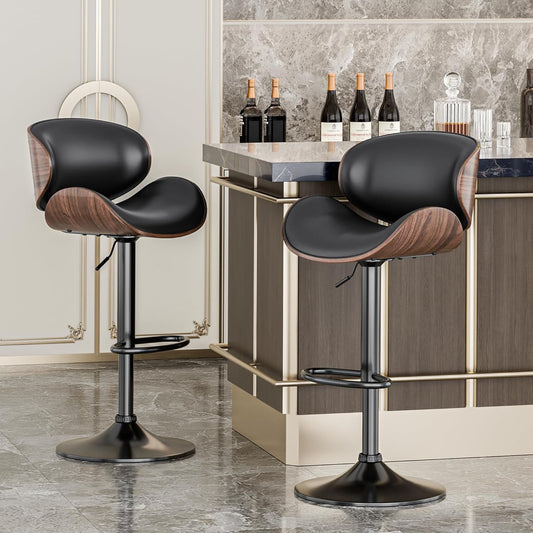 Bar Stools Adjustable Swivel Barstools Counter Stools with Back Sets of 2, Mid-Century Modern PU Leather Upholstered Counter Height Barstools, Kitchen Island Bar Chairs, Black