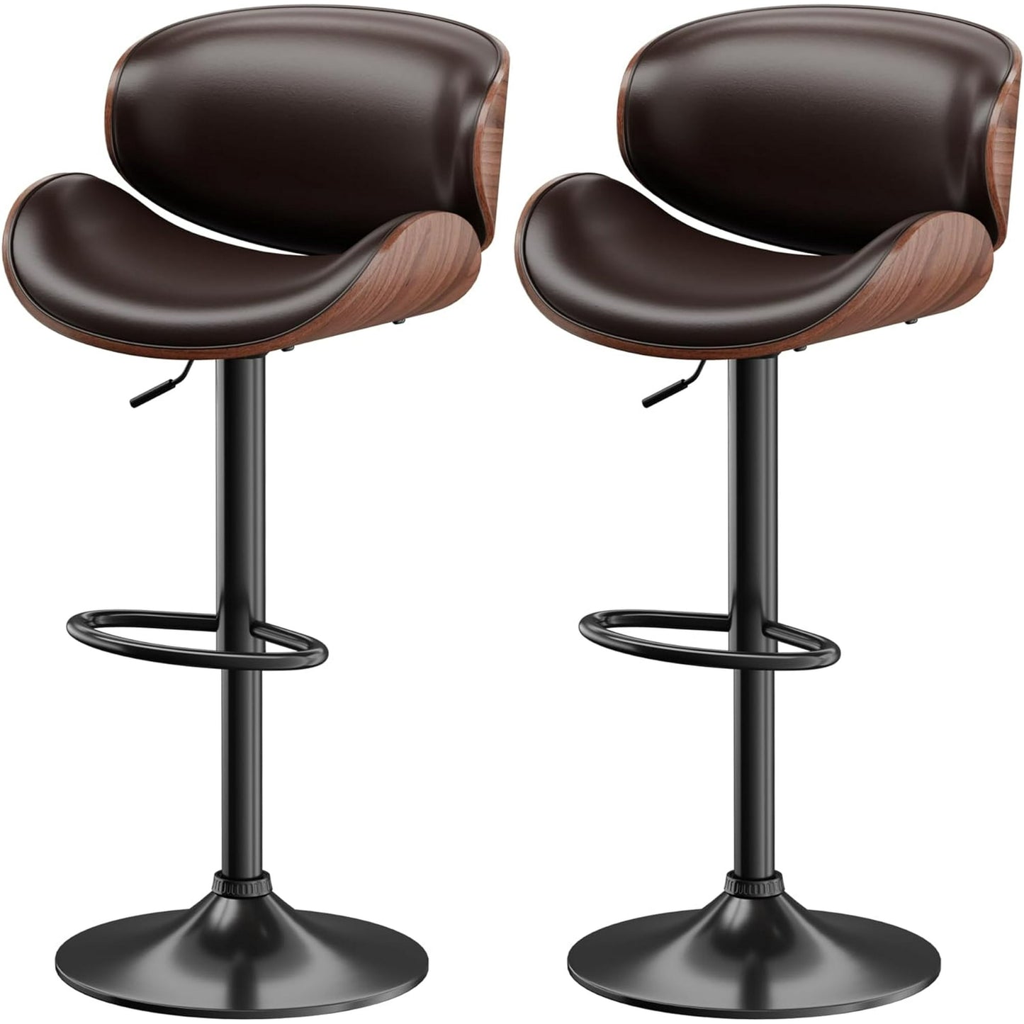 Bar Stools Adjustable Swivel Barstools Counter Stools with Back Sets of 2, Mid-Century Modern PU Leather Upholstered Counter Height Barstools, Kitchen Island Bar Chairs, Brown