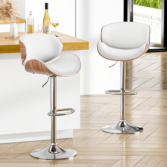 Bar Stools Adjustable Swivel Barstools Counter Stools with Back Sets of 2, Mid-Century Modern PU Leather Upholstered Counter Height Barstools, Kitchen Island Bar Chairs, White