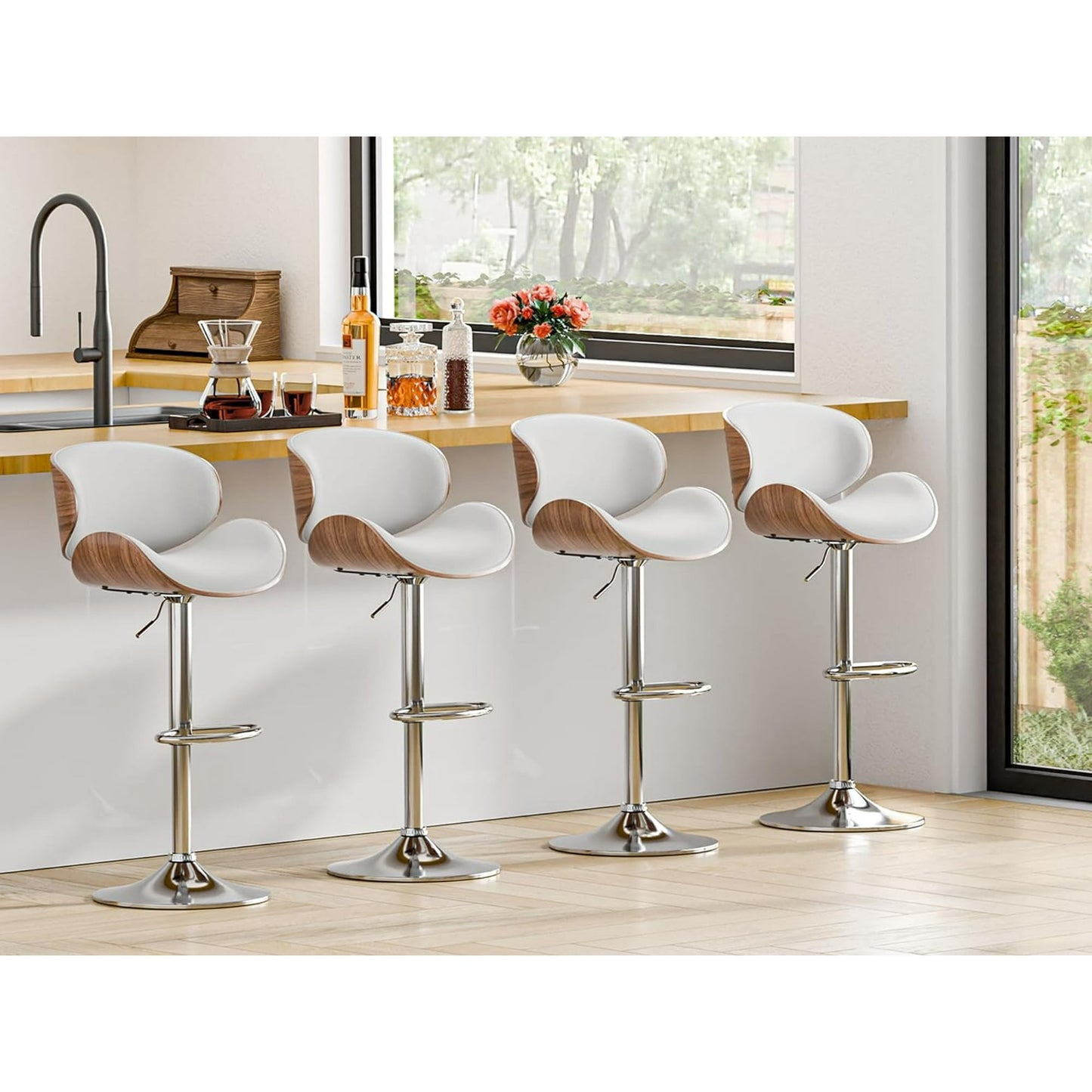 Bar Stools Adjustable Swivel Barstools Counter Stools with Back Sets of 4, Mid-Century Modern PU Leather Upholstered Counter Height Barstools, Kitchen Island Bar Chairs, White