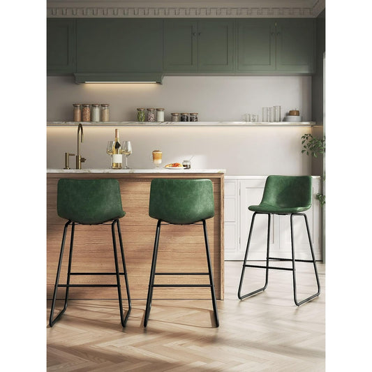 Bar Stools Set of 3, 26 Inches Counter Height Bar Stools with Back, Modern Faux Leather Barstools with Metal Legs and Footrest, Bar Chairs for Kitchens Island (Green)