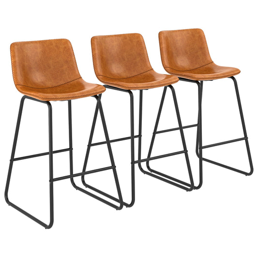 Bar Stools Set of 3, 26 Inches Counter Height Bar Stools with Back, Modern Faux Leather Barstools with Metal Legs and Footrest, Bar Chairs for Kitchens Island (Whiskey Brown)