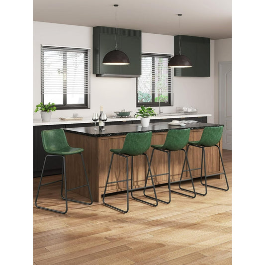Bar Stools Set of 6, 26 Inches Counter Height Bar Stools with Back, Modern Faux Leather Barstools with Metal Legs and Footrest, Bar Chairs for Kitchens Island (Green)
