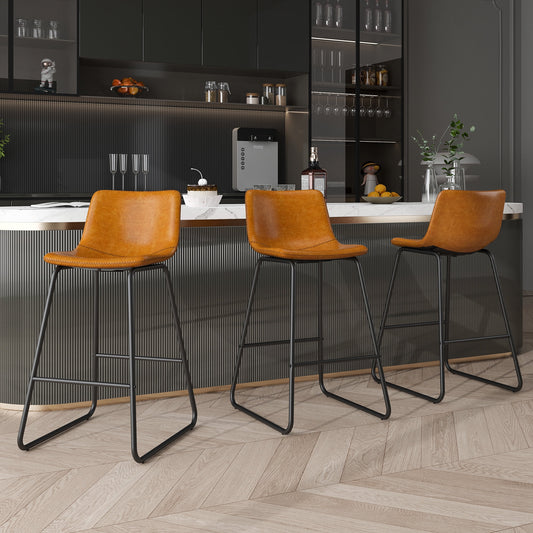 Bar Stools Set of 6, 26 Inches Counter Height Bar Stools with Back, Modern Faux Leather Barstools with Metal Legs and Footrest, Bar Chairs for Kitchens Island (Whiskey Brown)