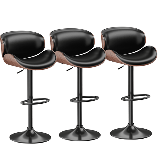 Bar Stools Set of 3 Adjustable Swivel Bar Stools, Mid-Century Modern PU Leather Upholstered Counter Barstools, Kitchen Island Chair with Back, Black