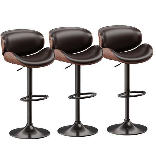 Bar Stools Set of 3 Adjustable Swivel Bar Stools, Mid-Century Modern PU Leather Upholstered Counter Barstools, Kitchen Island Chair with Back, Brown