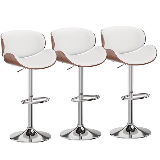 Bar Stools Set of 3 Adjustable Swivel Bar Stools, Mid-Century Modern PU Leather Upholstered Counter Barstools, Kitchen Island Chair with Back, White