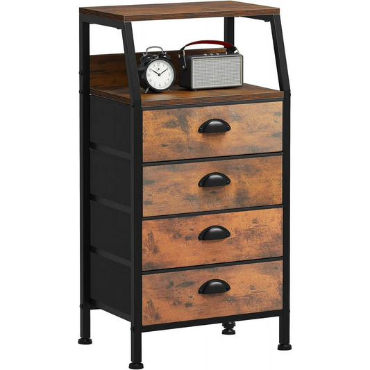 Aowos Nightstand Dresser with 4 Drawers, Shelf with Drawers for Bedroom, Hallway, Entryway, Closets, with Sturdy Steel Frame, Wood Top, Easy Pull Handles, Rustic Brown Wood Grain Print