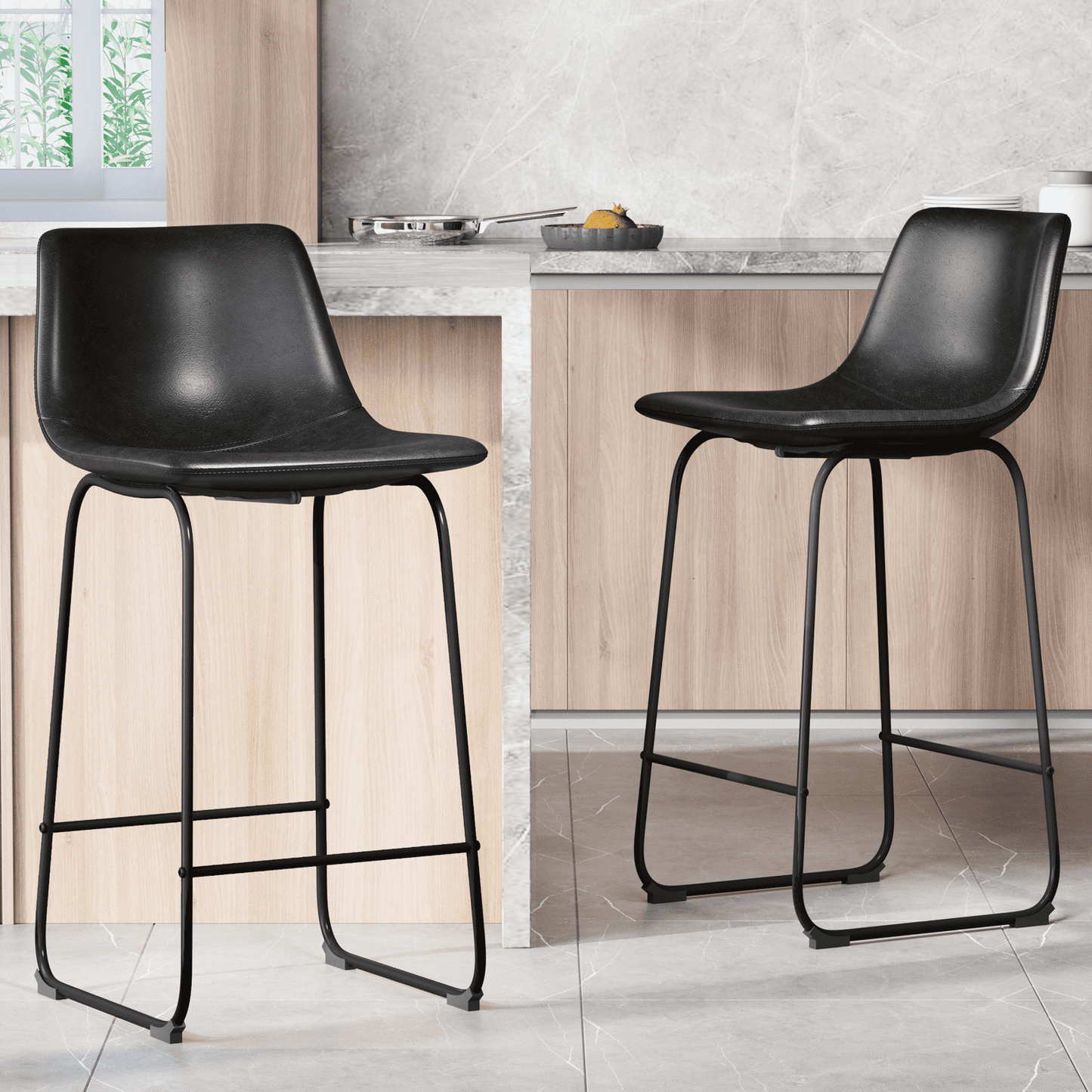 GIKPAL Barstools 28'' PU Leather Upholstered Bar Stool Set of 2 Counter Bar Height Stools with Backs Modern Armless Chairs with Footrest and Metal Legs for Kitchen Living Room Pub,Black