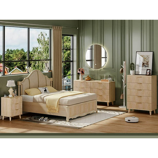 GIKPAL Bedroom Furniture Set - Includes 6 Drawer Dresser & 5 Drawer Dresser & 3 Drawer Nightstand Set of 2 with USB, Boho Dresser and Nightstand Sets, Natural