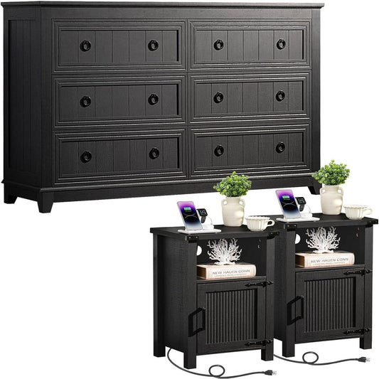 GIKPAL Dresser and Nightstand 3 Piece Set - Includes Double 6 Drawer Farmhouse Dresser, Nightstand Set of 2 with Charging Station, Vintage Bedroom Set, Black