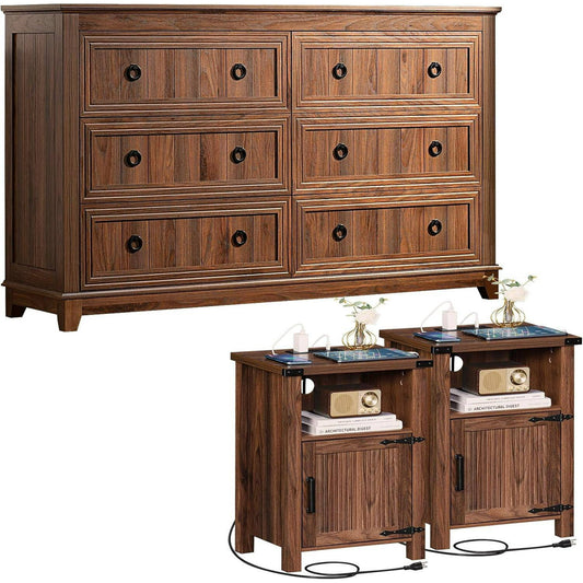 GIKPAL Dresser and Nightstand 3 Piece Set - Includes Double 6 Drawer Farmhouse Dresser, Nightstand Set of 2 with Charging Station, Vintage Bedroom Set, Brown