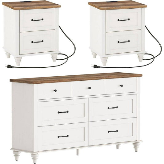 GIKPAL Dresser and Nightstand 3 Piece Set - Includes Double 6 Drawer Farmhouse Dresser, Nightstand Set of 2 with Charging Station, Vintage Bedroom Set, White