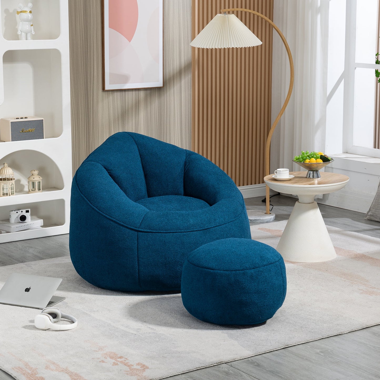GIKPAL Fabric Tufted Foam Bean Bag Chair with Footstool – Oversized Lazy Sofa for Adults & Teens, Ultra-Soft Teddy Fabric, Ergonomic Support, Durable & Cozy Seating, Blue