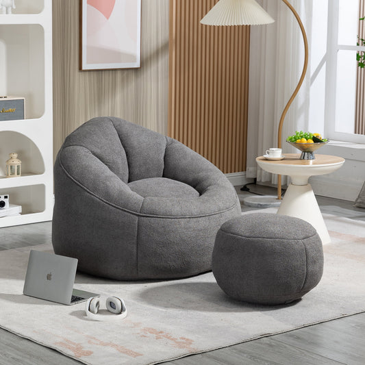 GIKPAL Fabric Tufted Foam Bean Bag Chair with Footstool – Oversized Lazy Sofa for Adults & Teens, Ultra-Soft Teddy Fabric, Ergonomic Support, Durable & Cozy Seating, Gray