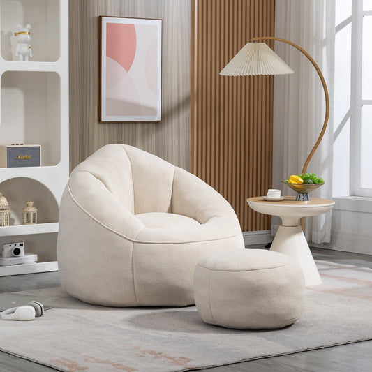GIKPAL Fabric Tufted Foam Bean Bag Chair with Footstool – Oversized Lazy Sofa for Adults & Teens, Ultra-Soft Teddy Fabric, Ergonomic Support, Durable & Cozy Seating, White