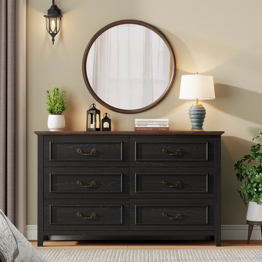 GIKPAL Farmhouse Dresser for Bedroom, Vintage 6-Drawer Black Dresser with Antique Handles, Rustic Storage Cabinet for Living Room, Entryway, and Hallway