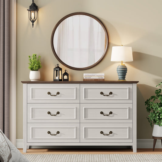 GIKPAL Farmhouse Dresser for Bedroom, Vintage 6-Drawer White Dresser with Antique Handles, Rustic Storage Cabinet for Living Room, Entryway, and Hallway