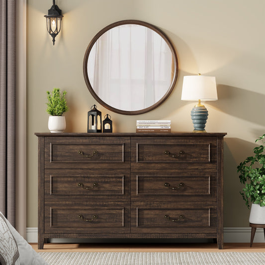 GIKPAL Farmhouse Dresser for Bedroom, Vintage 6-Drawer Wood Dresser with Antique Handles, Rustic Storage Cabinet for Living Room, Entryway, and Hallway