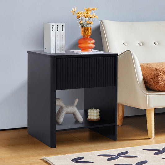 GIKPAL Fluted Nightstand, Bedside Tables with Charging Station, Boho Side Tables with Drawer & Open Compartment for Bedroom, Black