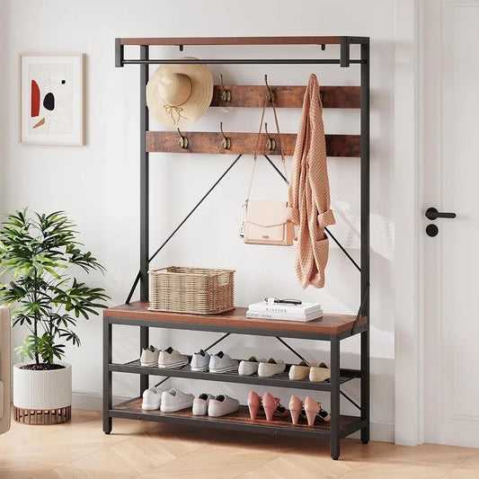 GIKPAL Wider Hall Tree with Bench & Shoe Storage – 5-in-1 Entryway Organizer with 24 Coat Hooks, 2 Drawers & Top Shelf, Industrial Mudroom Storage for Hallway, Living Room, Rustic Brown