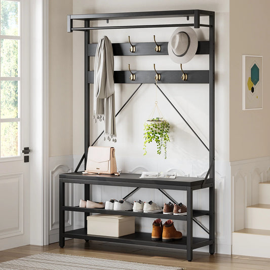 GIKPAL Wider Hall Tree with Bench & Shoe Storage – 5-in-1 Entryway Organizer with 24 Coat Hooks, 2 Drawers & Top Shelf, Industrial Mudroom Storage for Hallway, Living Room, Black
