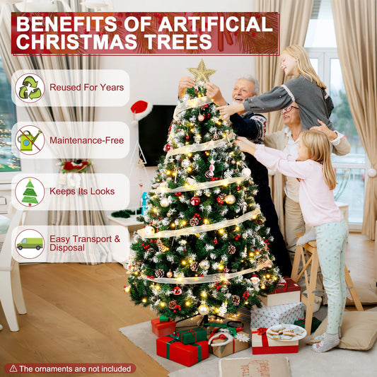 Aowos 6 ft Prelit Artificial Christmas Tree, 800 PVC Branch Tips, 250 Warm White LED Lights, Easy Assembly with Metal Stand and Hinged Branches