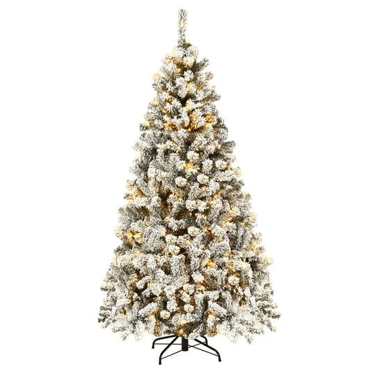 Aowos Prelit Snow Flocked Artificial Full Christmas Tree, 6ft Christmas Pine Tree, 800 Branch Tips, 250 Incandescent Lights & Foldable Stand, White