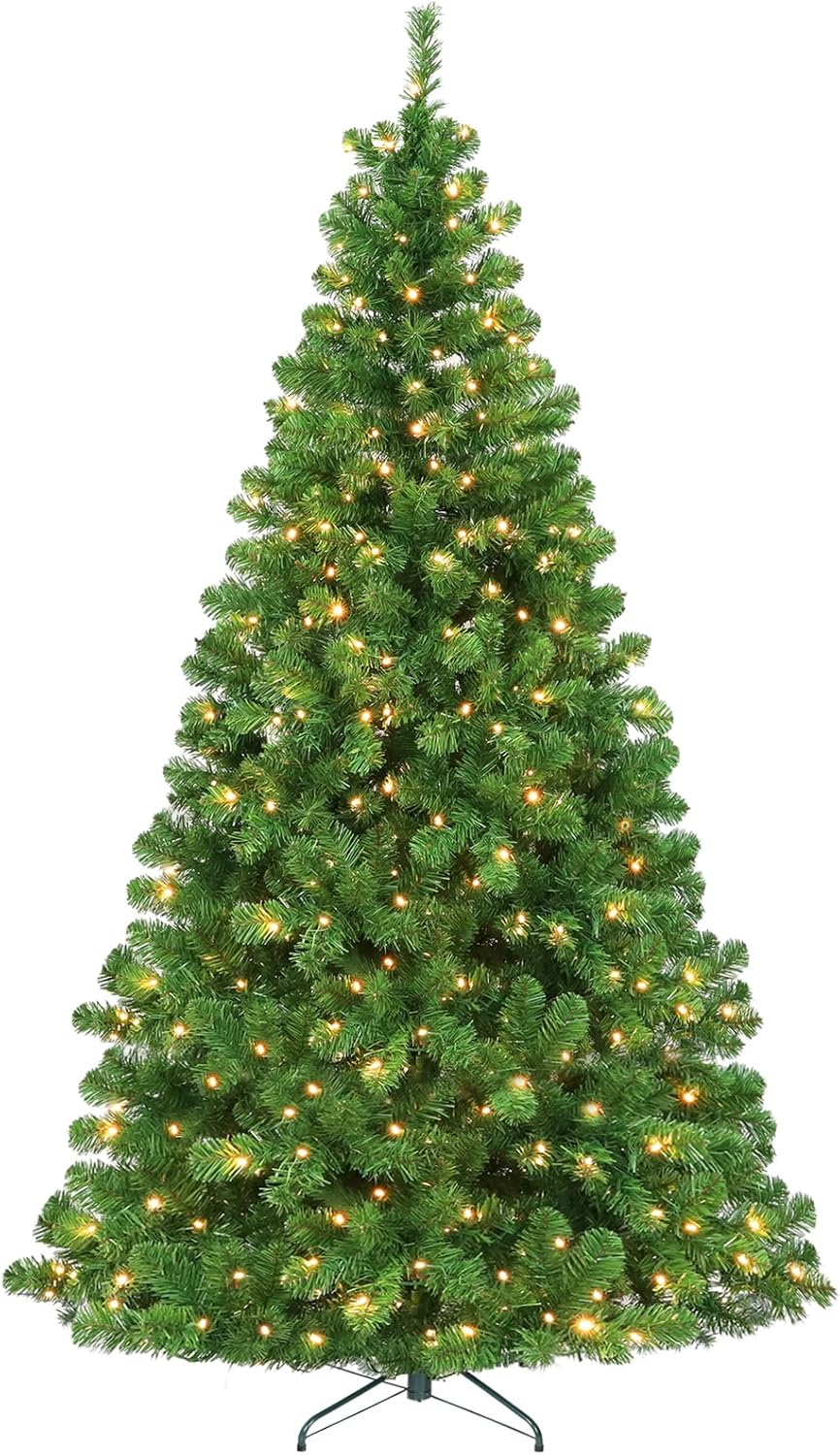 Aowos 6 ft Pre-Lit Spruce Artificial Holiday Christmas Tree for Home, Office, Party Decoration w/ 250 Incandescent Lights, 800 Branch Tips, Easy Assembly, Metal Hinges & Foldable Base, Green