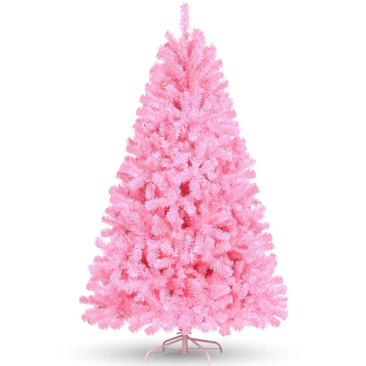 Aowos 6 ft Artificial Christmas Tree, Christmas Tree with 800 PVC Branch Tips, Metal Stand and Hinged Branches, Pink