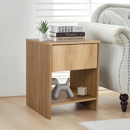 GIKPAL Fluted Nightstand, Bedside Tables with Charging Station, Boho Side Tables with Drawer & Open Compartment for Bedroom, Walnut