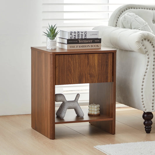 GIKPAL Fluted Nightstand, Bedside Tables with Charging Station, Boho Side Tables with Drawer & Open Compartment for Bedroom, Natural