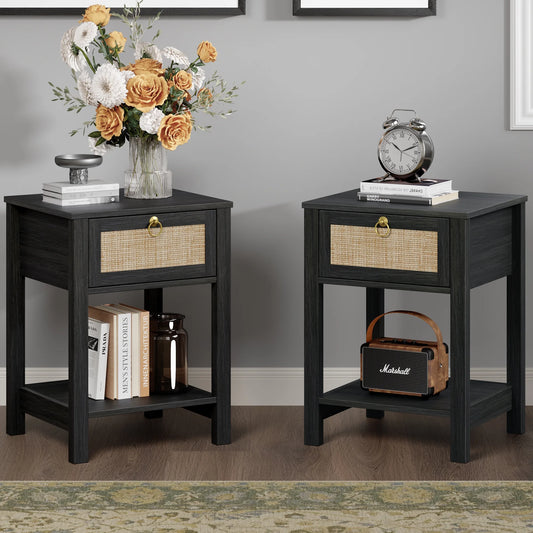 GIKPAL Fluted Nightstands Set of 2, Bedside Tables with Charging Station, Boho Side Tables with Drawer & Open Compartment for Bedroom, Black
