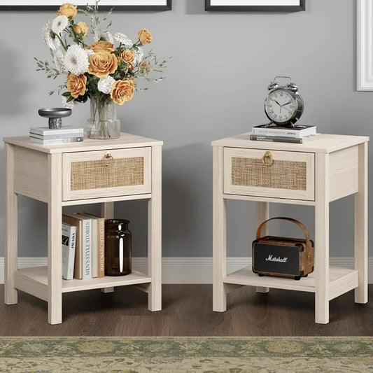GIKPAL Fluted Nightstands Set of 2, Bedside Tables with Charging Station, Boho Side Tables with Drawer & Open Compartment for Bedroom, Walnut