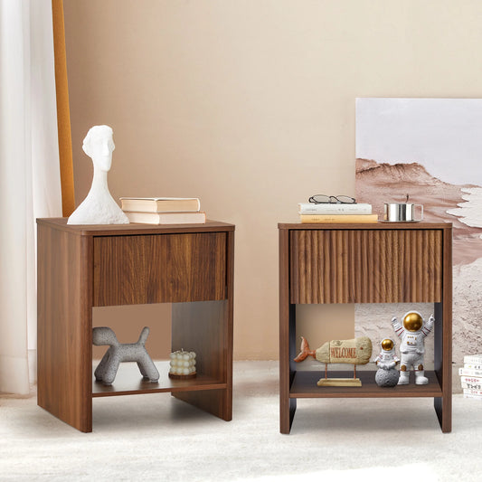 GIKPAL Fluted Nightstands Set of 2, Bedside Tables with Charging Station, Boho Side Tables with Drawer & Open Compartment for Bedroom, Natural