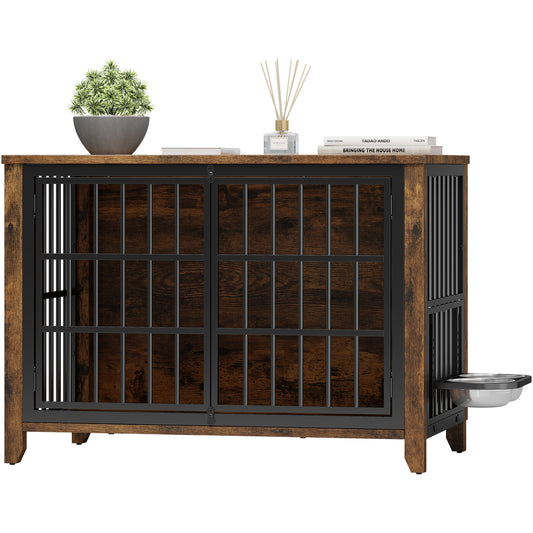 GIKPAL Dog Crate Furniture, Large Dog Kennel Indoor with 2 Adjustable Bowls, Dog Crate End Table House Pad for Large Dogs, 37.7"L x 23.6"W x 26.9"H, Brown