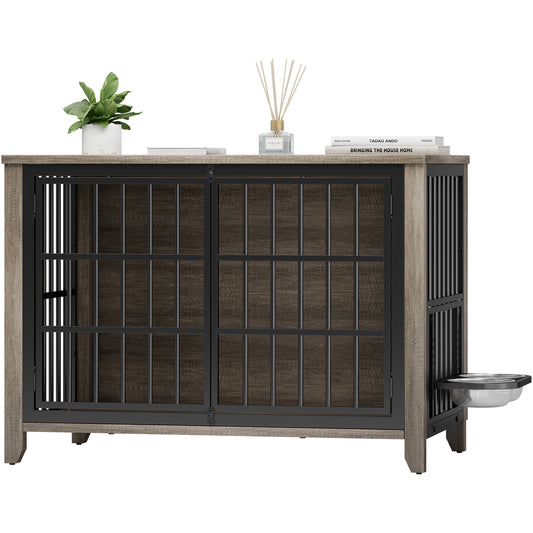 GIKPAL Large Furniture Dog Crate, Dog Kennels for Inside with 360°Adjustable 2 Food Bowls, L Dog Crate Gray, 37.7"L x 23.6"W x 26.9"H