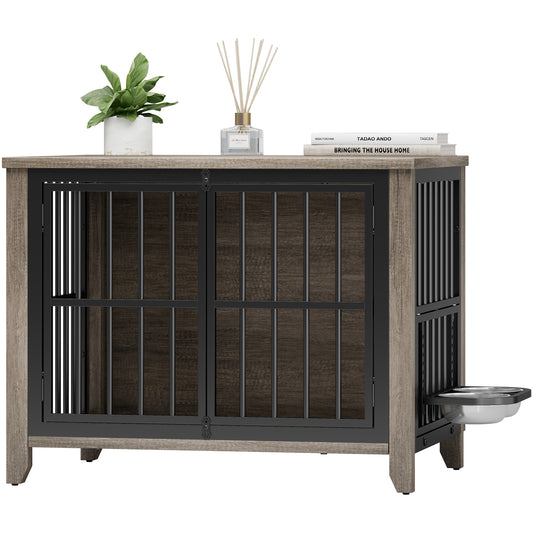 GIKPAL Indoor Dog Kennel with Small/Medium Dog Crate, Wodden Dog Crate Furniture with 360° Rotating Bowls, 31.4"L x 22.4"W x 25.5"H, Gray